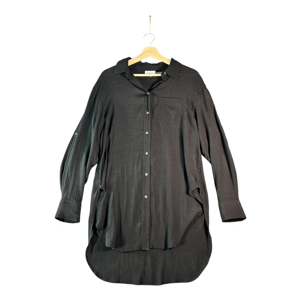 Calvin Klein Swimwear Black Button Up Tunic Shirt Top Rolled Sleeve Hi Lo